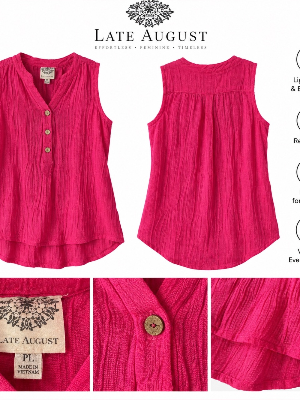 Late August Hot Pink Crinkle Sleeveless Tunic Blouse – Size L